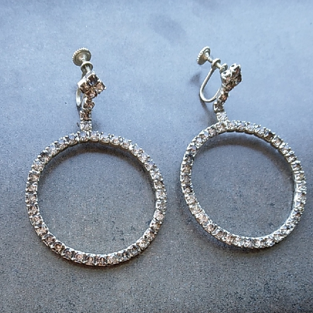 Vintage Silver and Smokey Gray Crystal Hoop Dangle Clip-on Earrings